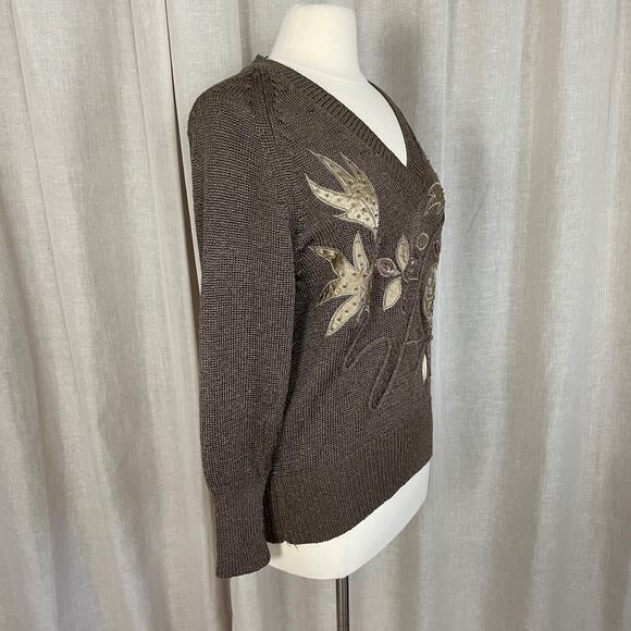 Vintage Sweater Womens Size Small Brown Knit V Neck Lightweight Embellished 80s - Picture 3 of 12